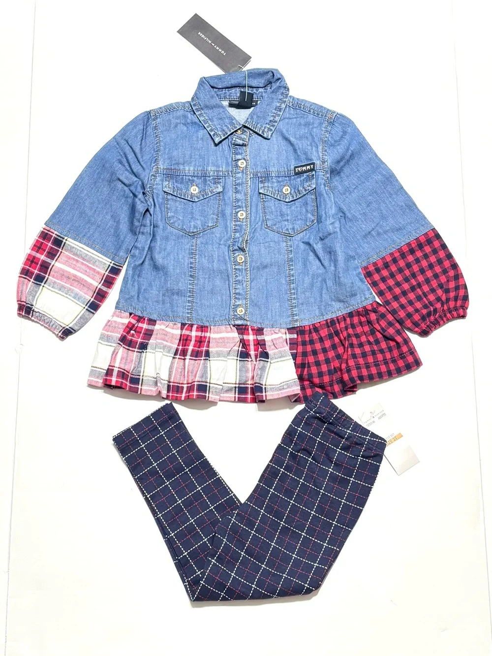 NEW Tommy Hilfiger Girls' Denim & Plaid Peplum Jacket Blue/Red Leggings Set 3T